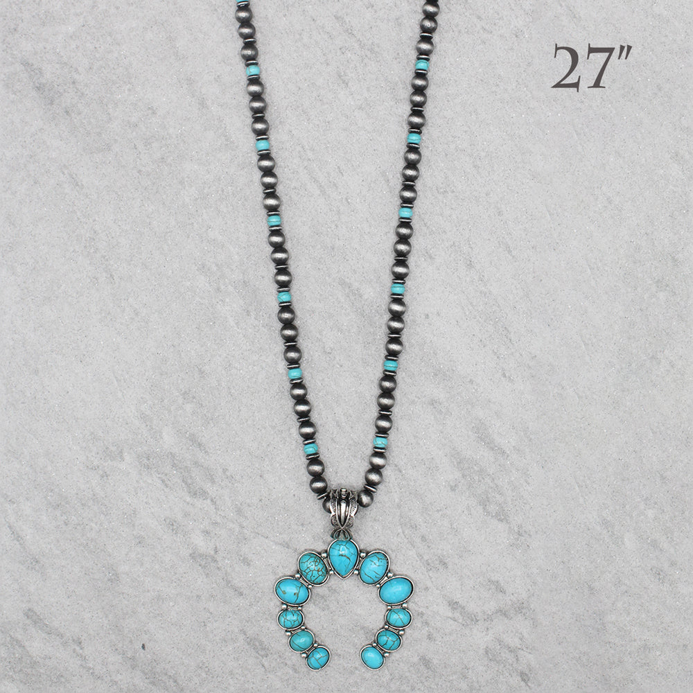 Squash Blossom Pendant w/Turquoise Stone, Navajo Pearl Necklace.