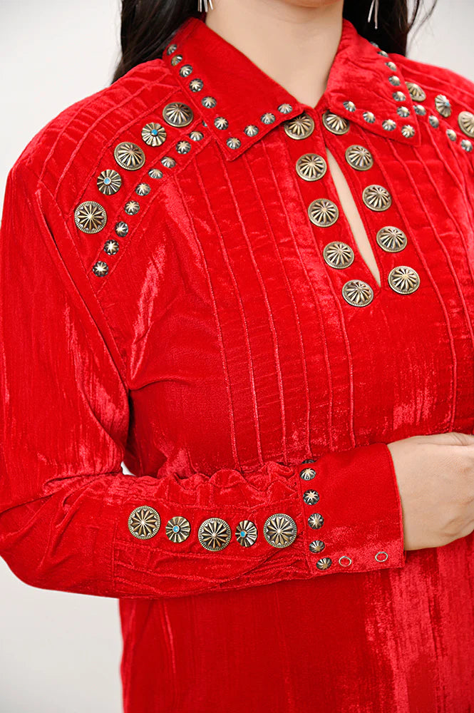 red velvet dress shirt Lou Overshirt in Red Velvet SVRN