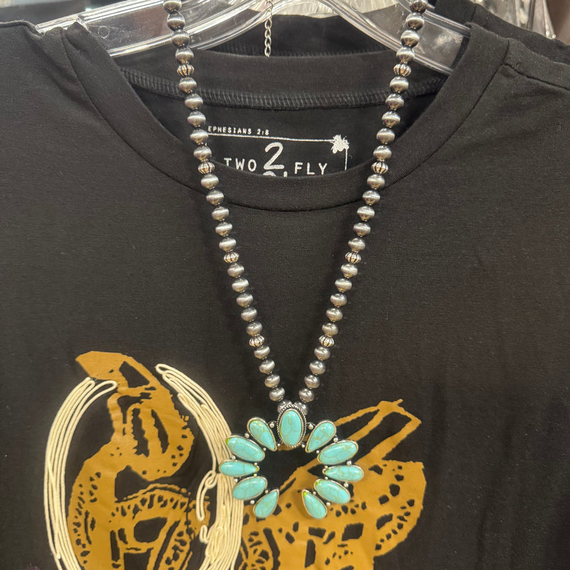 Squash Blossom Pendant w/Turquoise Stone, Navajo Pearl Necklace