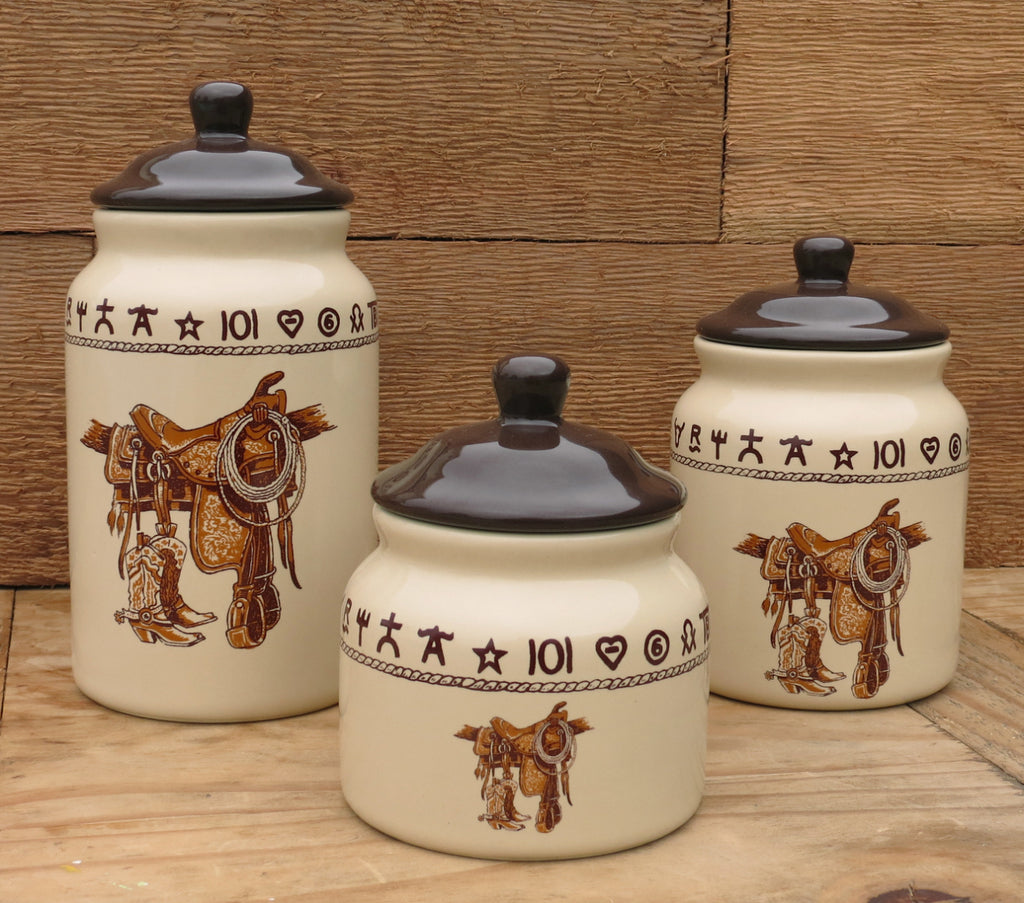 3 piece canister set, boots and Saddle