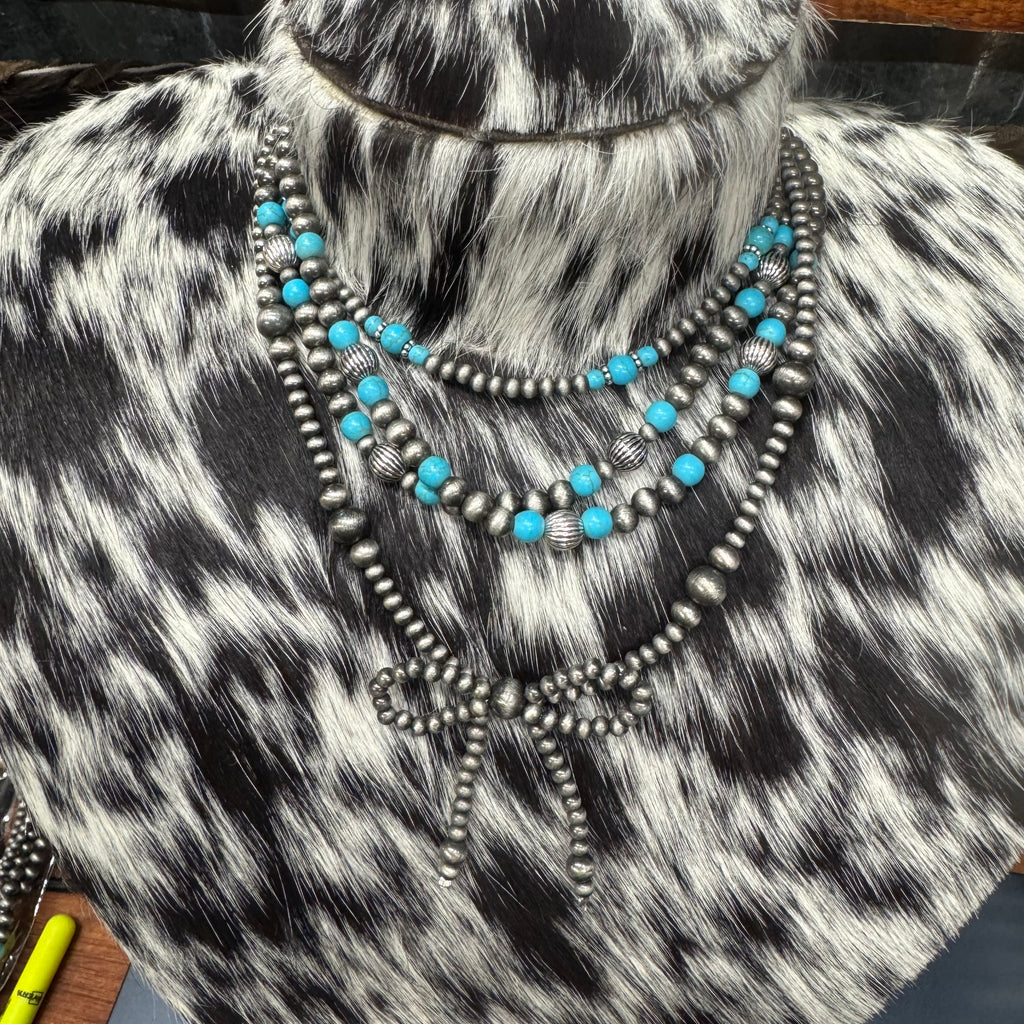 Faux Navajo Pearl and Turquoise Bow Layered Necklace Necklace