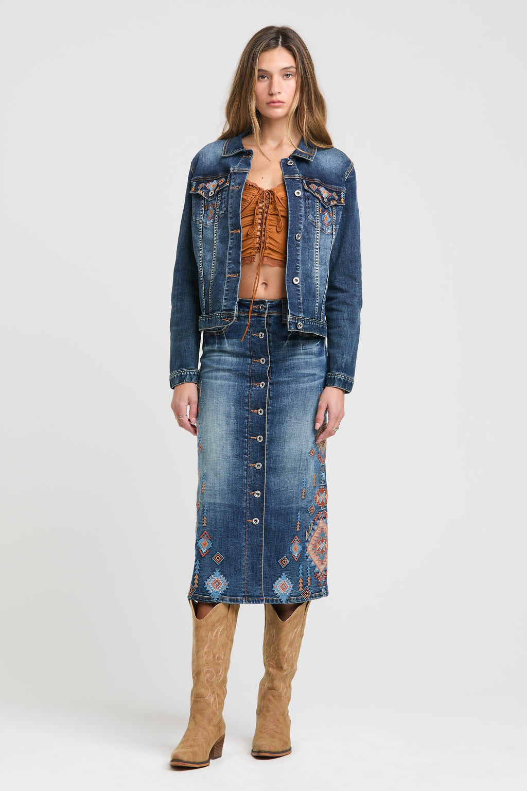 Aztec Embroidery MD Blue Long Skirt