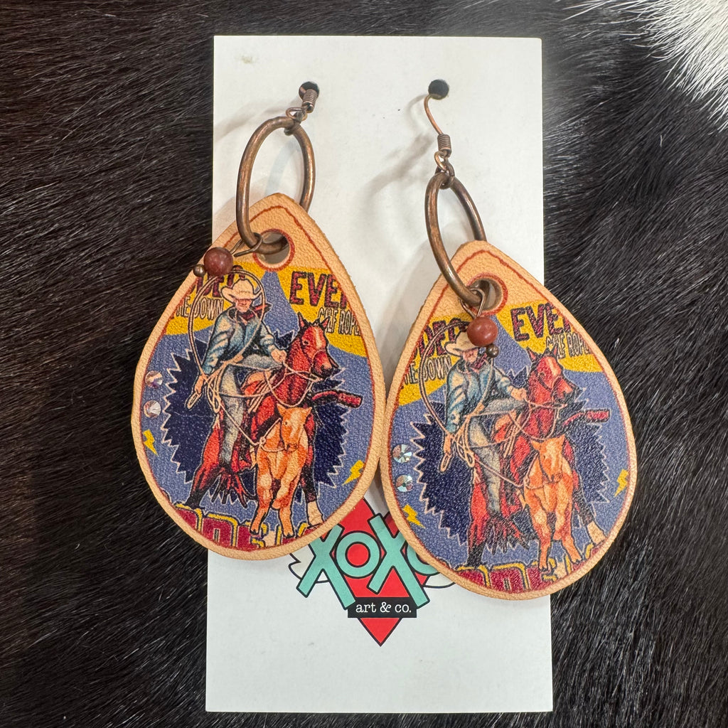 XOXO Circus Rodeo Calf Roper Leather Teardrop Earrings
