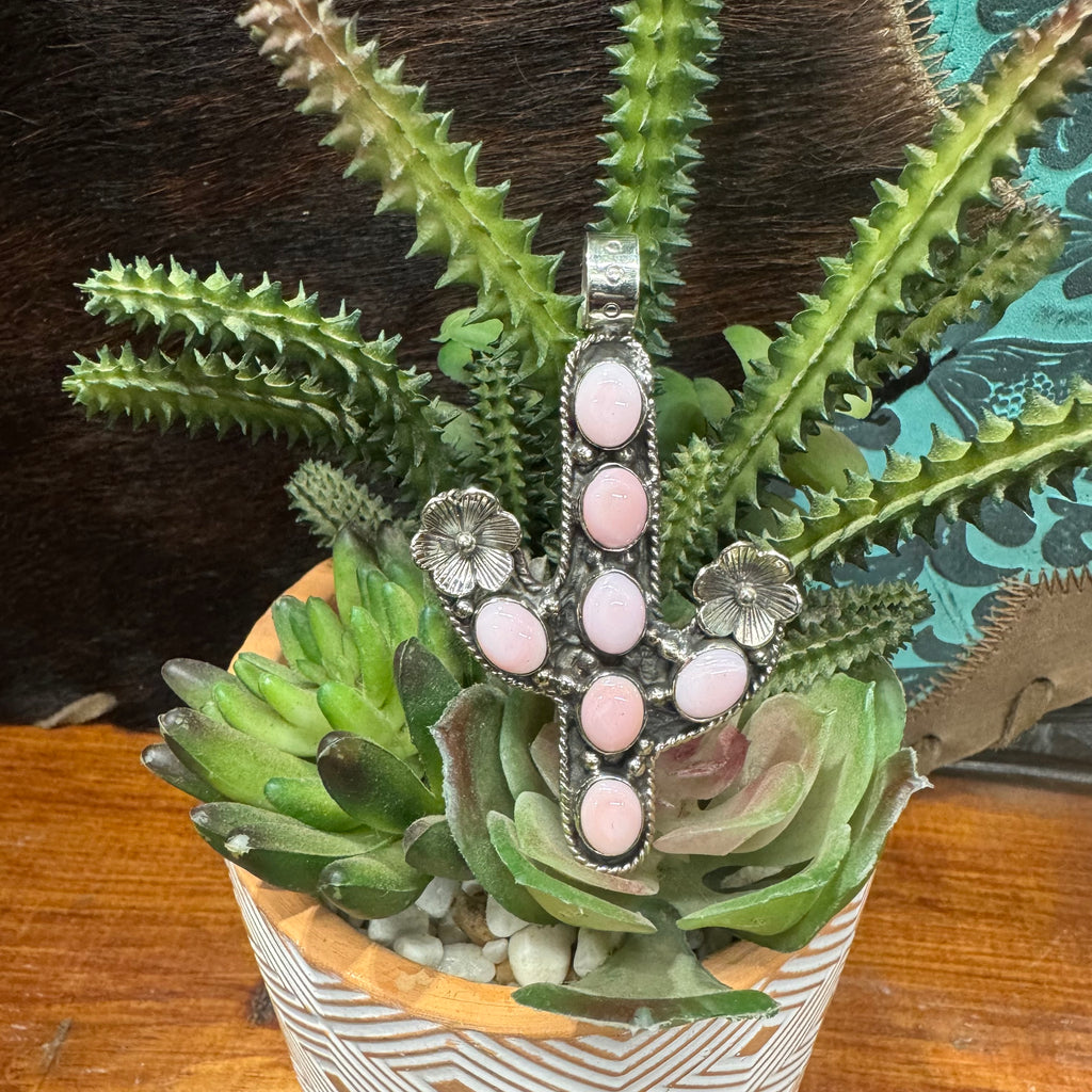 Pink Conch saguaro pendant, cactus pendent, cactus flower, Tibetan tribal silver
