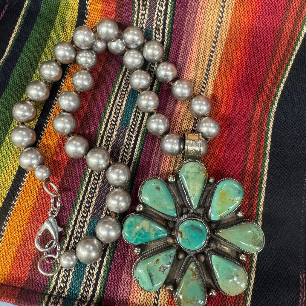 Tibetan Silver Turquoise Cluster Pendant for Necklace Large on 10MM Faux Pearls