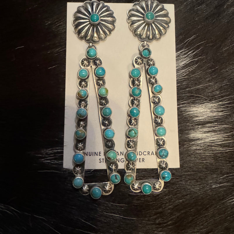 NAVAJO STERLING SILVER & TURQUOISE CONCHO DANGLE EARRINGS BY EUGENE CHARLEY