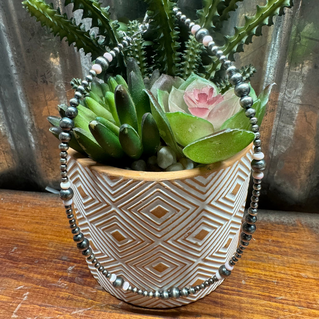 3 - 6mm Graduated “Navajo Pearl” and Pink Conch Bead Necklace