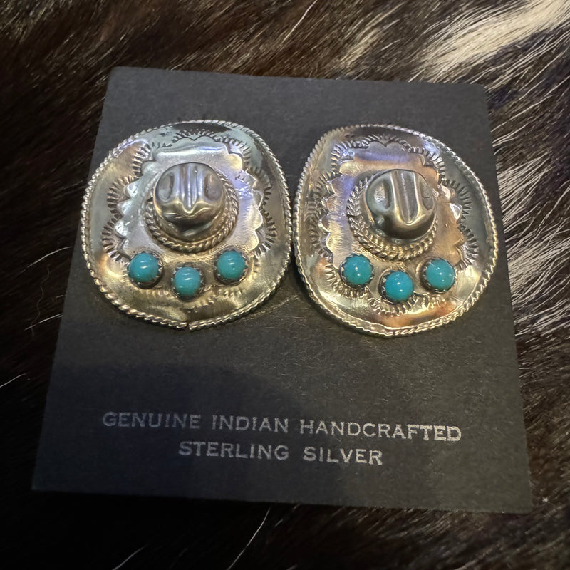 Turquoise American Indian Genuine Sterling Silver Cowboy Hat Post Stud Earrings