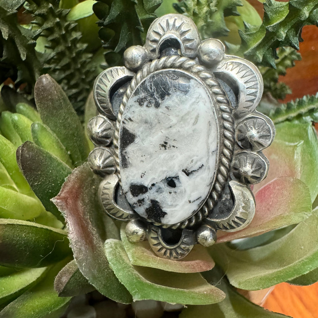 Natural White Buffalo and Sterling Silver Adjustable Ring made by Juanita McDonald Long