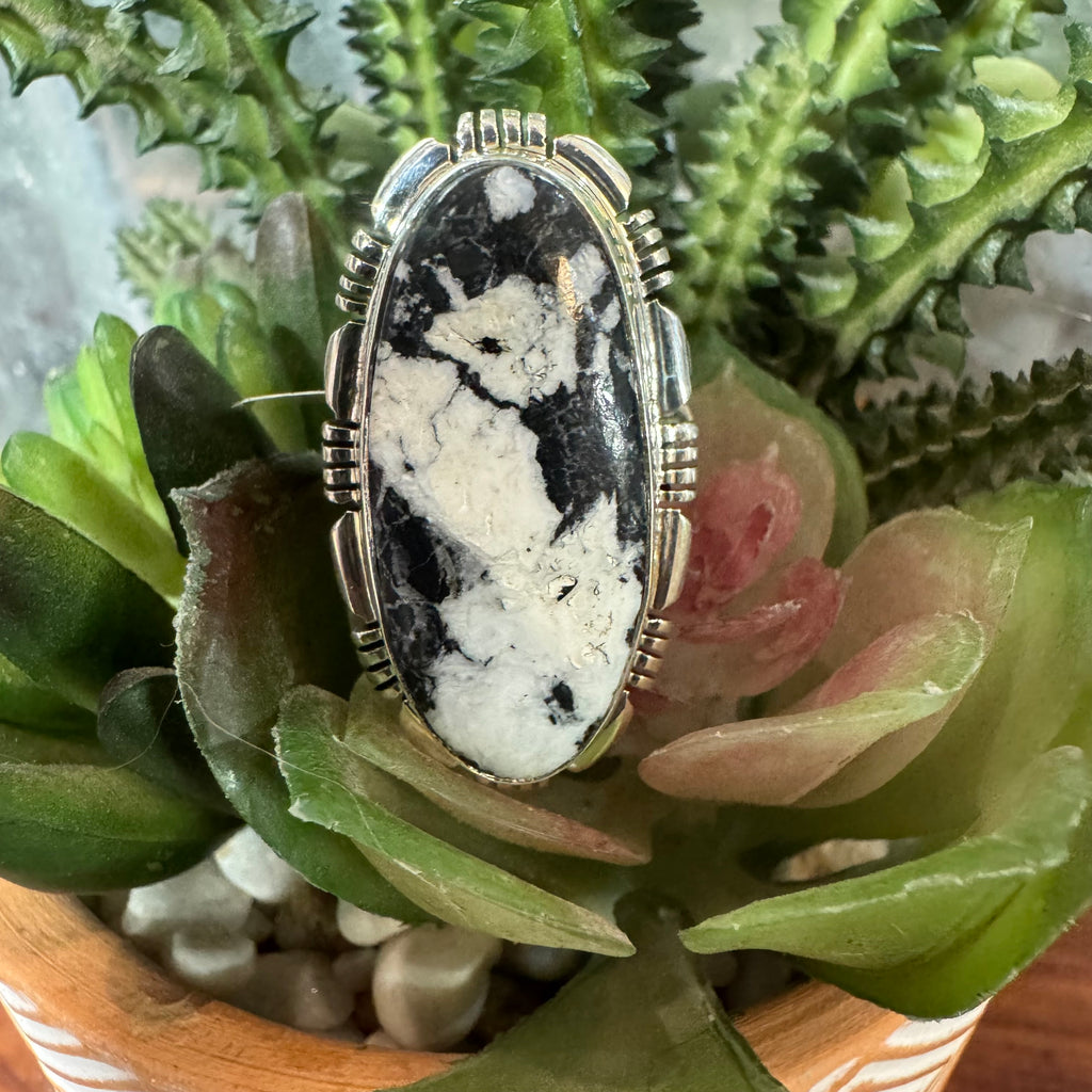 Natural White Buffalo and Sterling Silver Ring made by Allen Lee Size 8.5