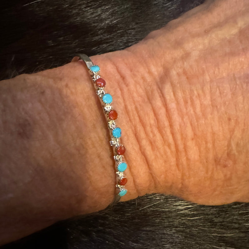 Sterling silver coral and turquoise cuff bracelet