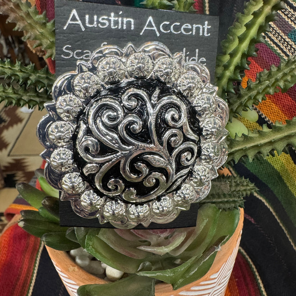 Scarf Slide Lg Round Black with Silver Accents