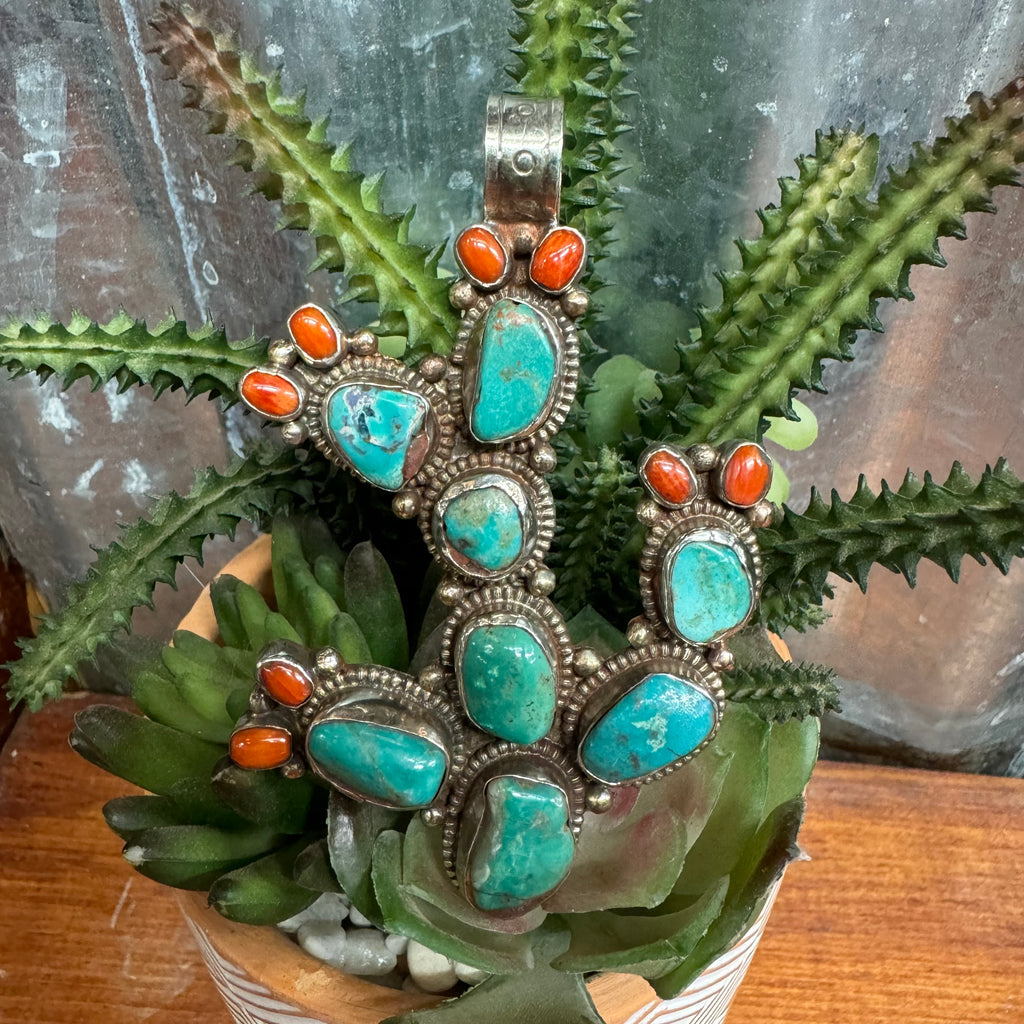 Saguaro Cactus Pendant with Turquoise and Coral in Tibetan silver