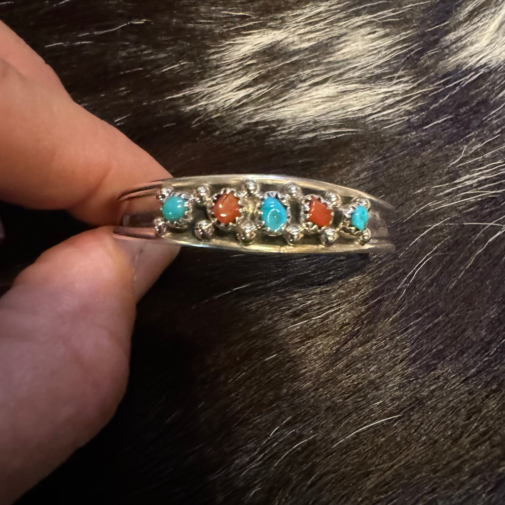 Baby Very Small Vintage Native American Navajo Turquoise Coral Sterling Silver Bracelet