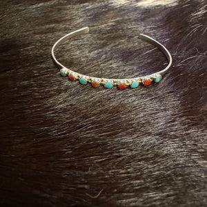 Sterling silver coral and turquoise cuff bracelet