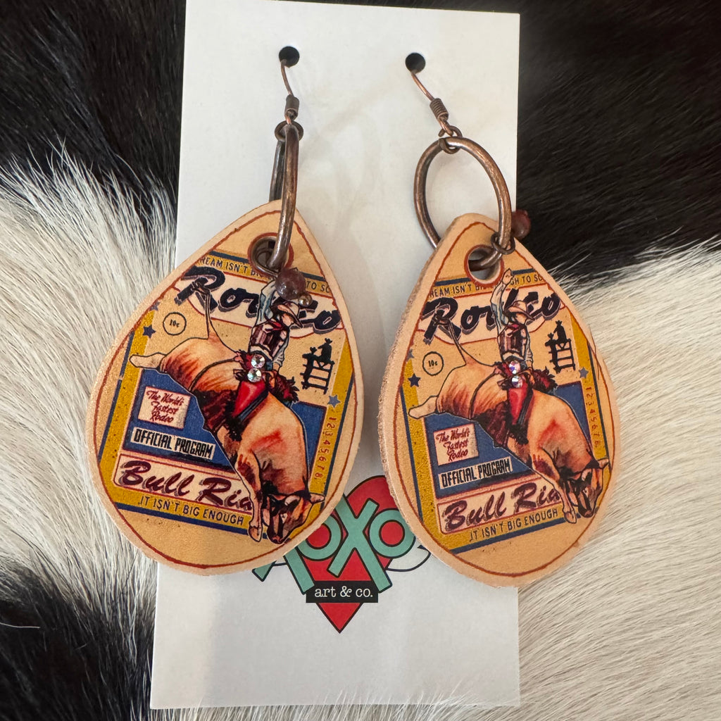 XOXO Circus Rodeo Bull rider Leather Teardrop Earrings