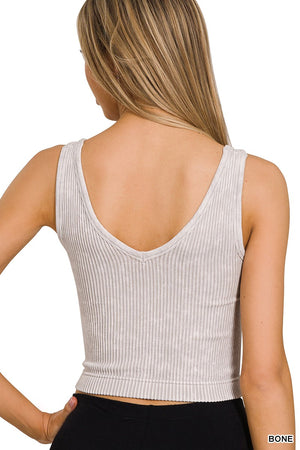 2 WAY NECKLINE WASHED RIBBED CROPPED TANK TOP