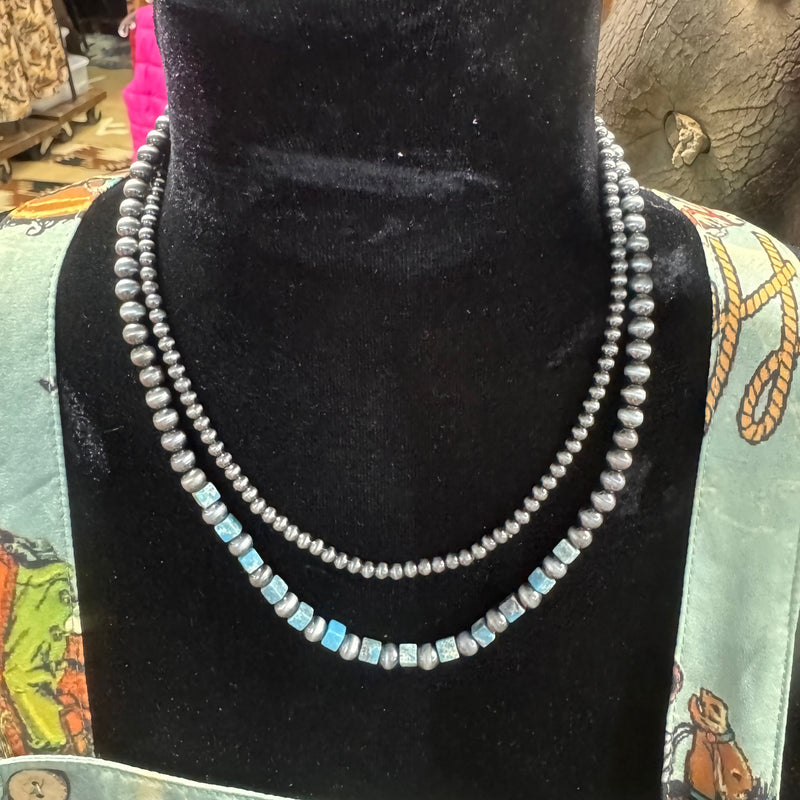Faux Square Turquoise & Navajo Pearl Necklace