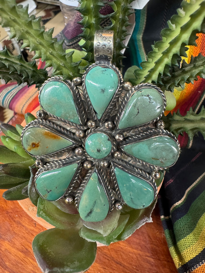 Tibetan Silver Turquoise Cluster Pendant for Necklace Large on 10MM Faux Pearls