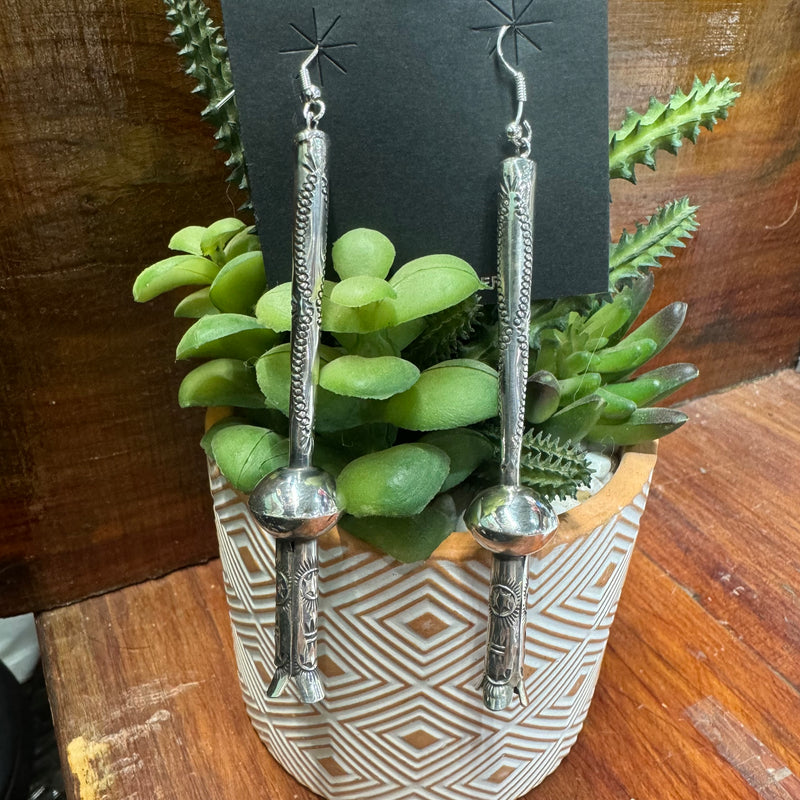 NAVAJO STERLING SILVER SQUASH BLOSSOM LONG DANGLE EARRINGS