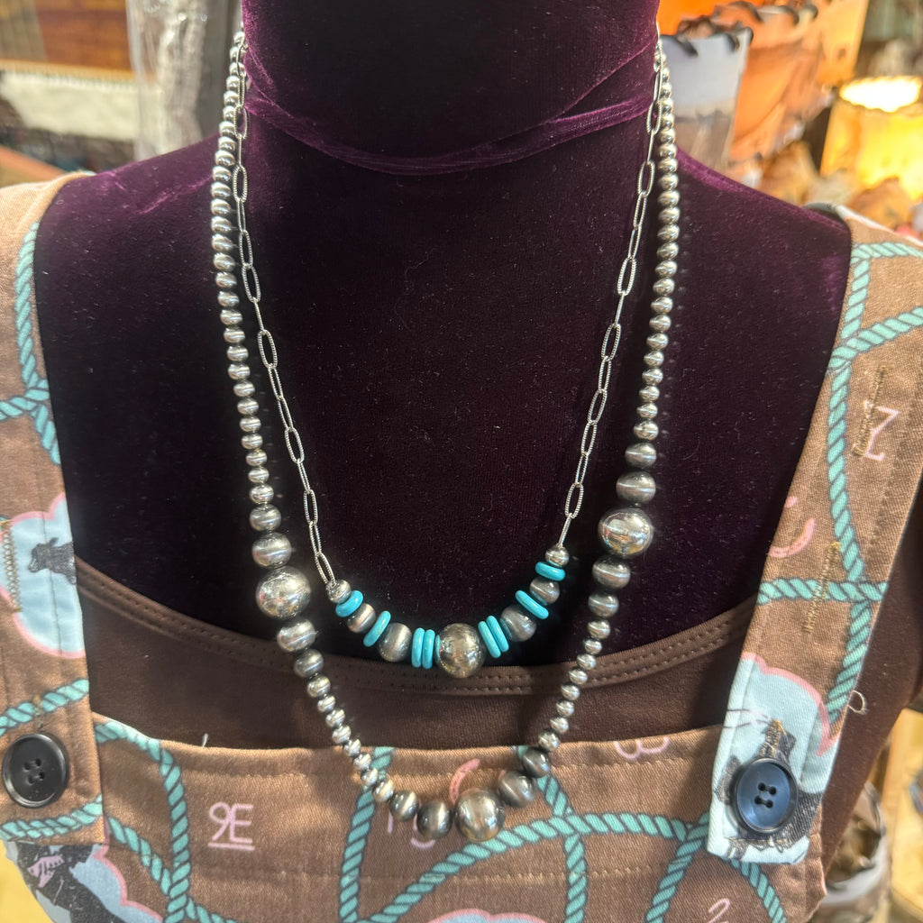 2 Strand Faux Navajo Pearl, Turquoise and Paper Chain Necklace