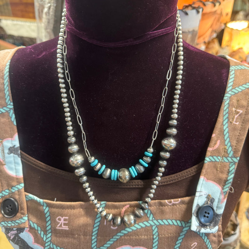 2 Strand Faux Navajo Pearl, Turquoise and Paper Chain Necklace