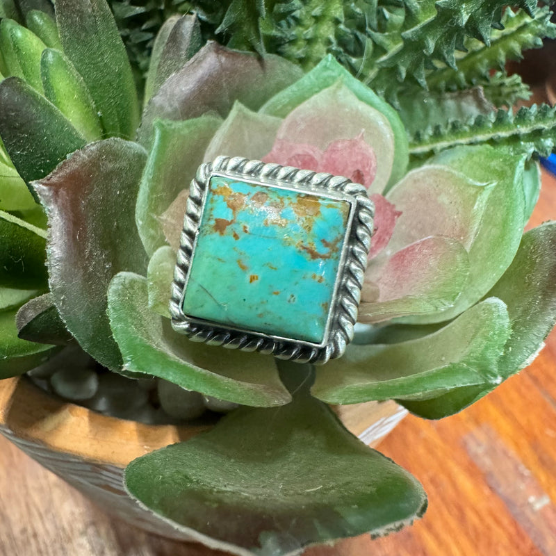 Adjustable Kingman Turquoise & Sterling Silver Square Ring