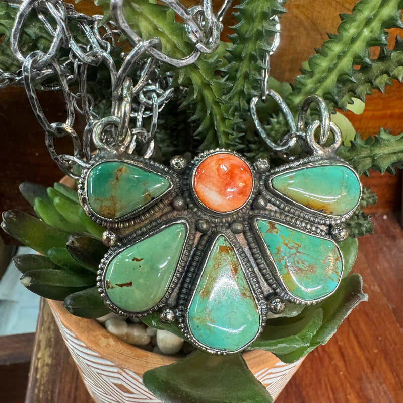 Tibetan 1/2 Cluster Turquoise and Spiney Oyster Necklace