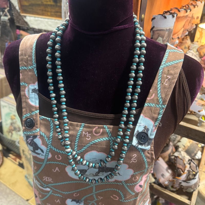 Faux 8MM Navajo Pearl and Turquoise Necklace 60”