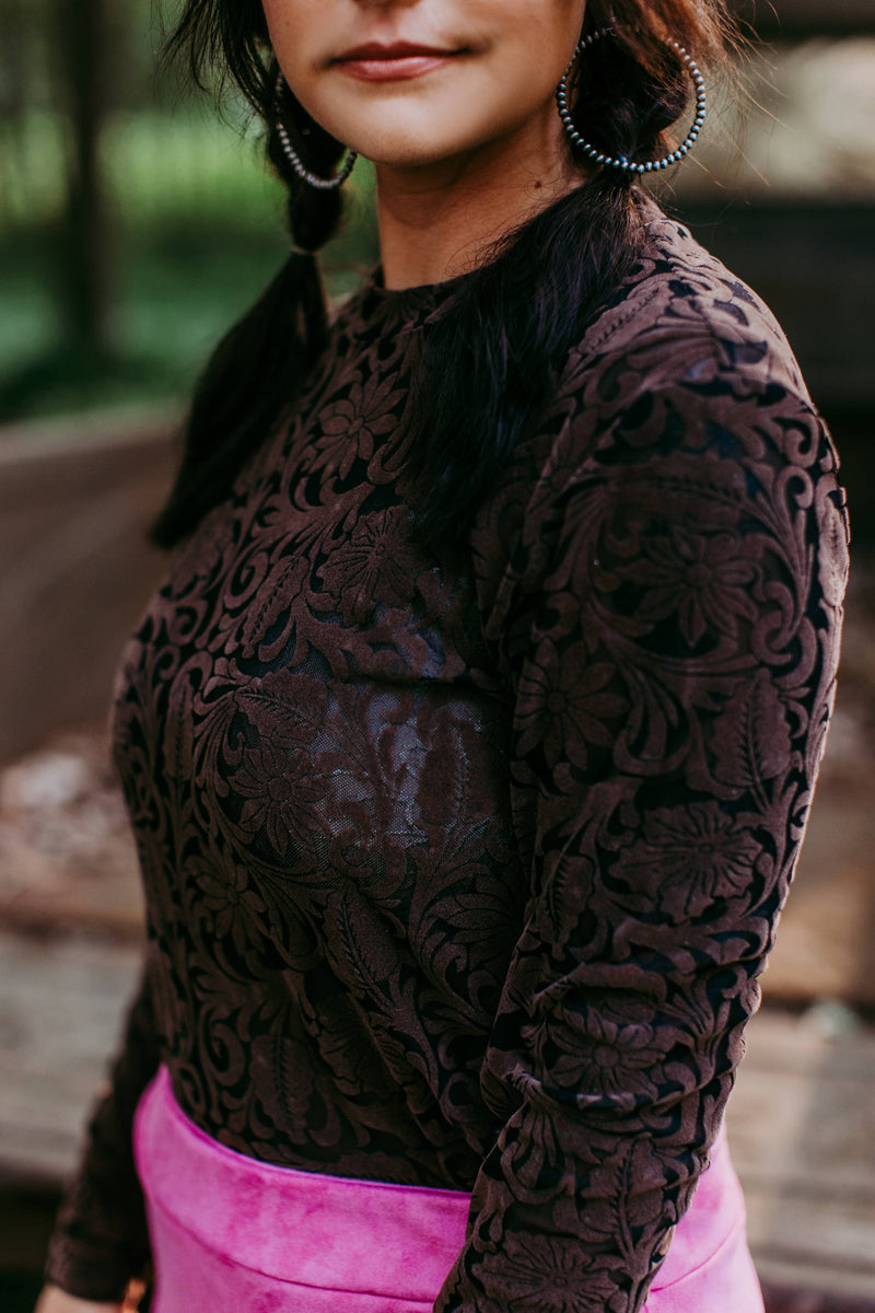 Tooled Leather 3D Printed Mesh Top - Brown: Brown