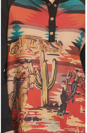 Women's Black & Colorful Western Print 1/3 Snap Long Sleeve Pullover