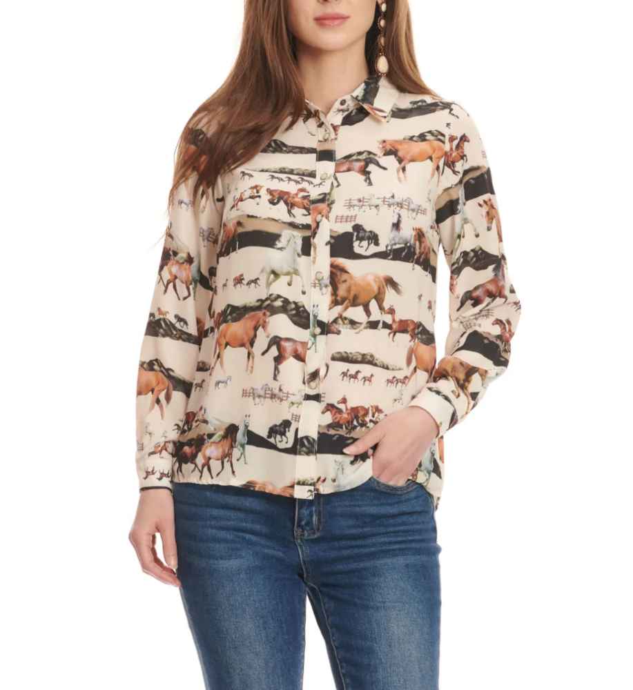 Women's Cream with Multiple Horse Print Long Sleeve Western Shirt
