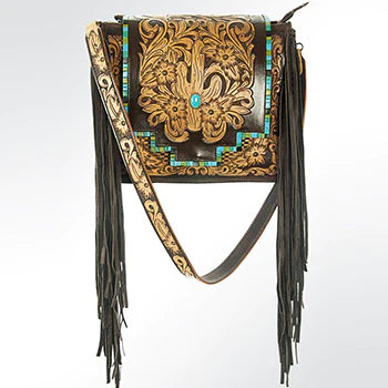 AMERICAN DARLING CARRY CONCEAL TURQUOISE CACTUS TOOLED LEATHER FRINGED BAG