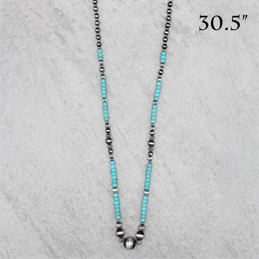 Turquoise Stone w/ Navajo Pearl & Metal Ball Long Necklace