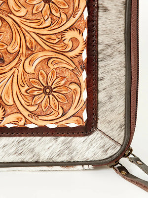 AMERICAN DARLING BUCK STITCHED TOOLED LEATHER AND COWHIDE JEWELRY CASE