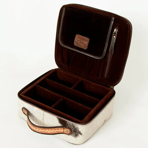 AMERICAN DARLING BUCK STITCHED TOOLED LEATHER AND COWHIDE JEWELRY CASE