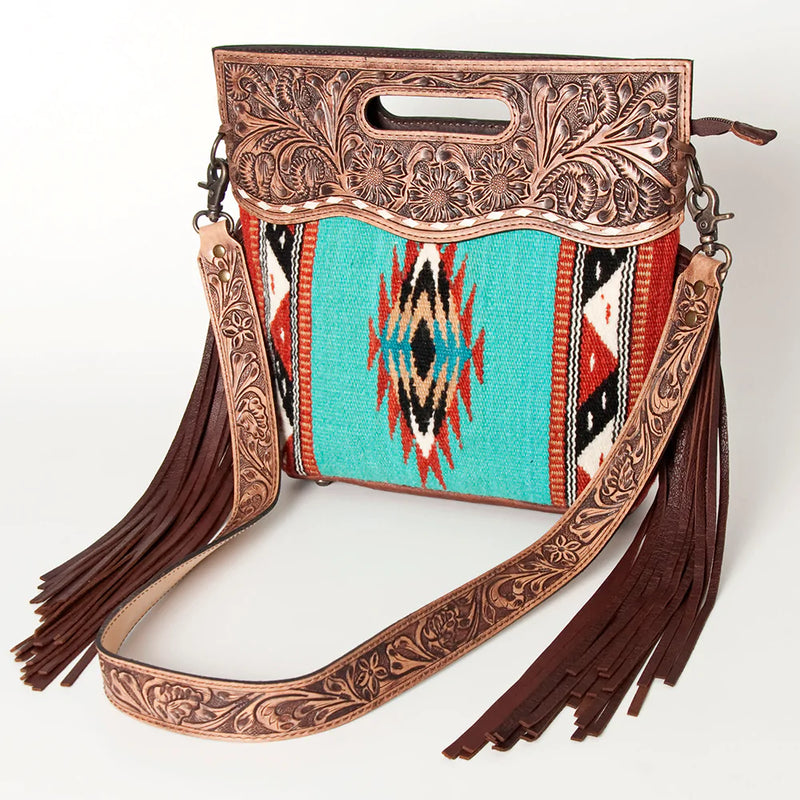 AMERICAN DARLING  SADDLE BLANKET AND TOOLED LEATHER CROSSBODY