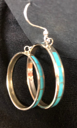 Zuni Turquoise And Sterling Silver Inlay Hoops