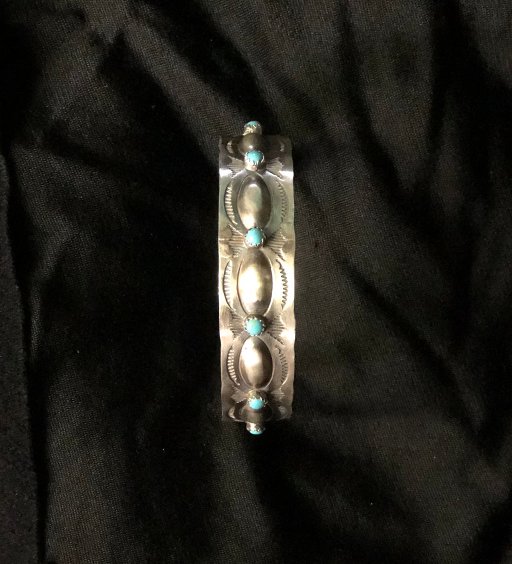 Sterling Silver AND TURQUOISE Repousse Cuff Bracelet