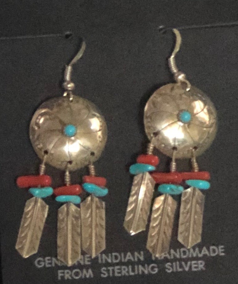 Native American Navajo Made Concha Earrings with Feathers